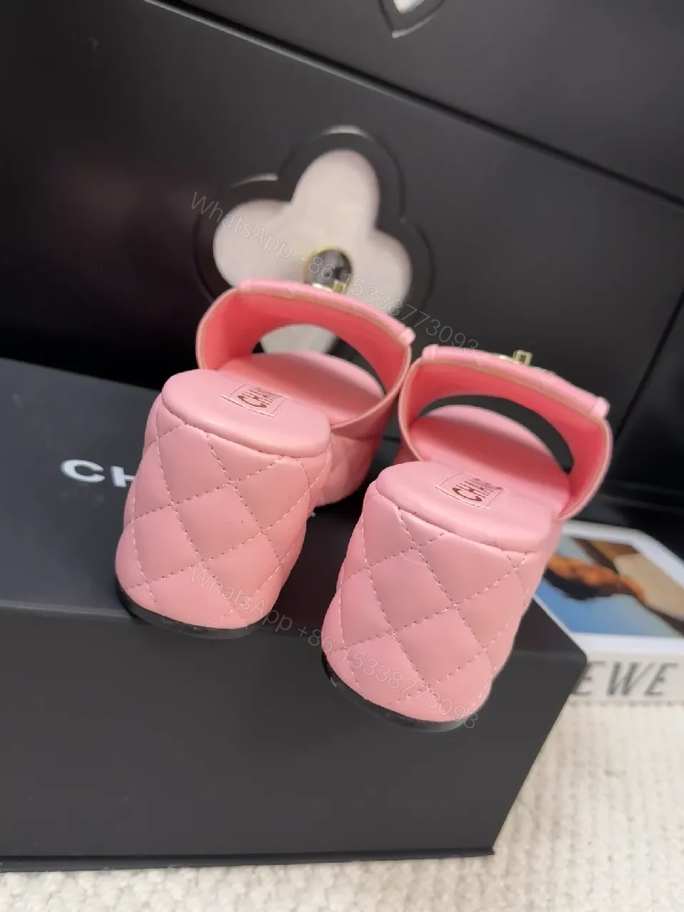 View 6 of Pink Quilted Sandals with Gold Logo: Chic Comfort Sandals