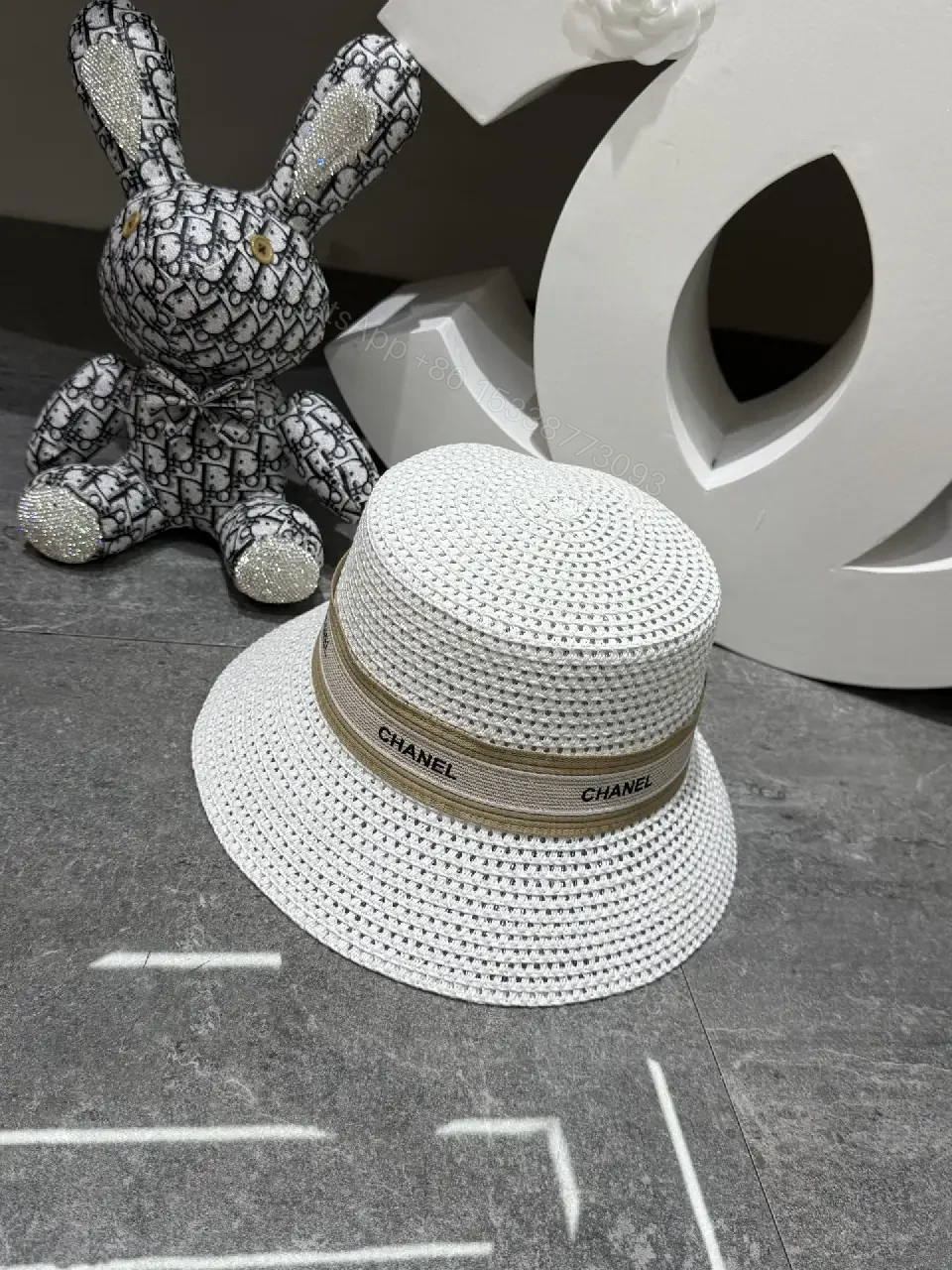 View 7 of Black/White Beigewide Fedora Hat with Chanel Band, Straw