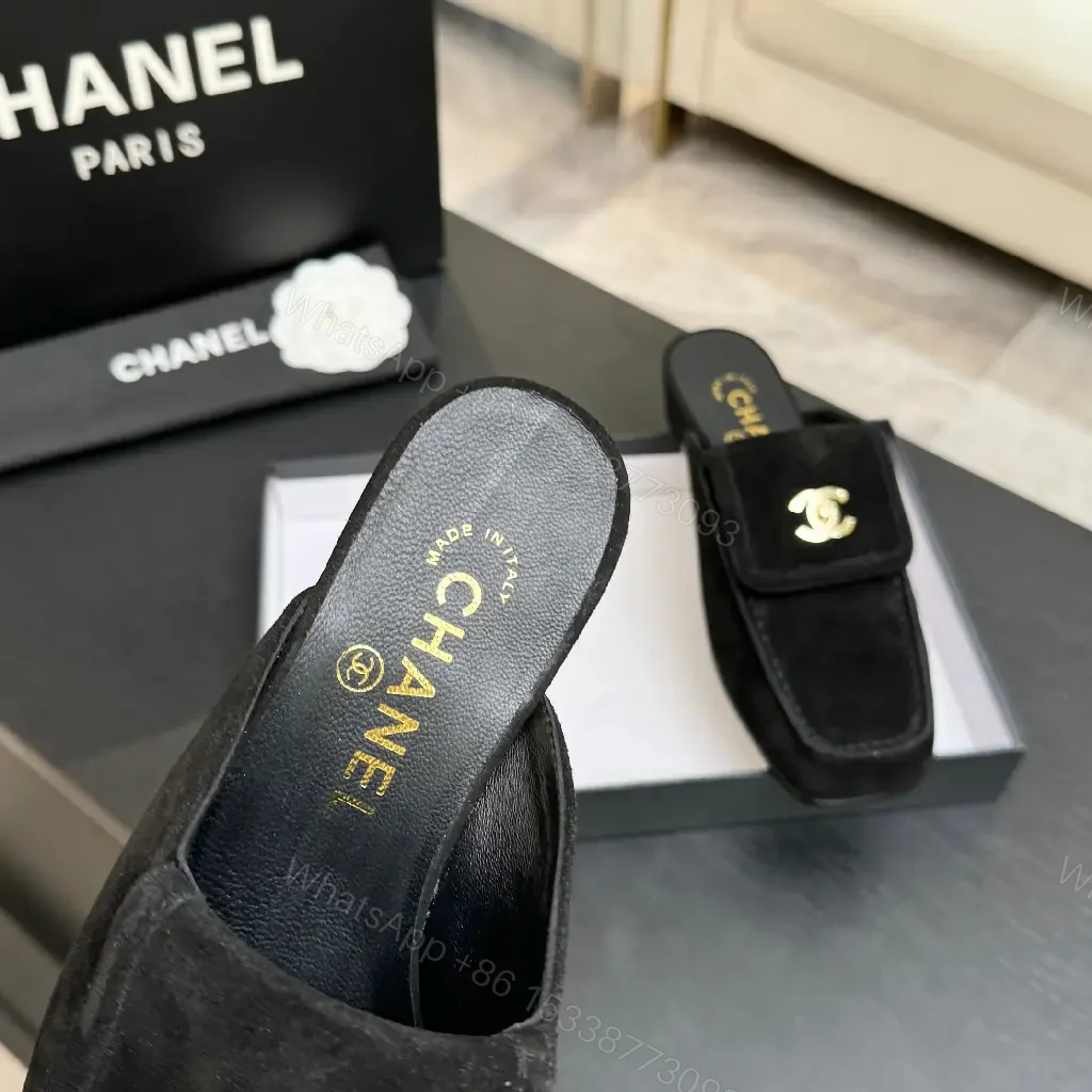 View 2 of Black Suede Slip-Ons with Gold Chanel Logo Moccasins