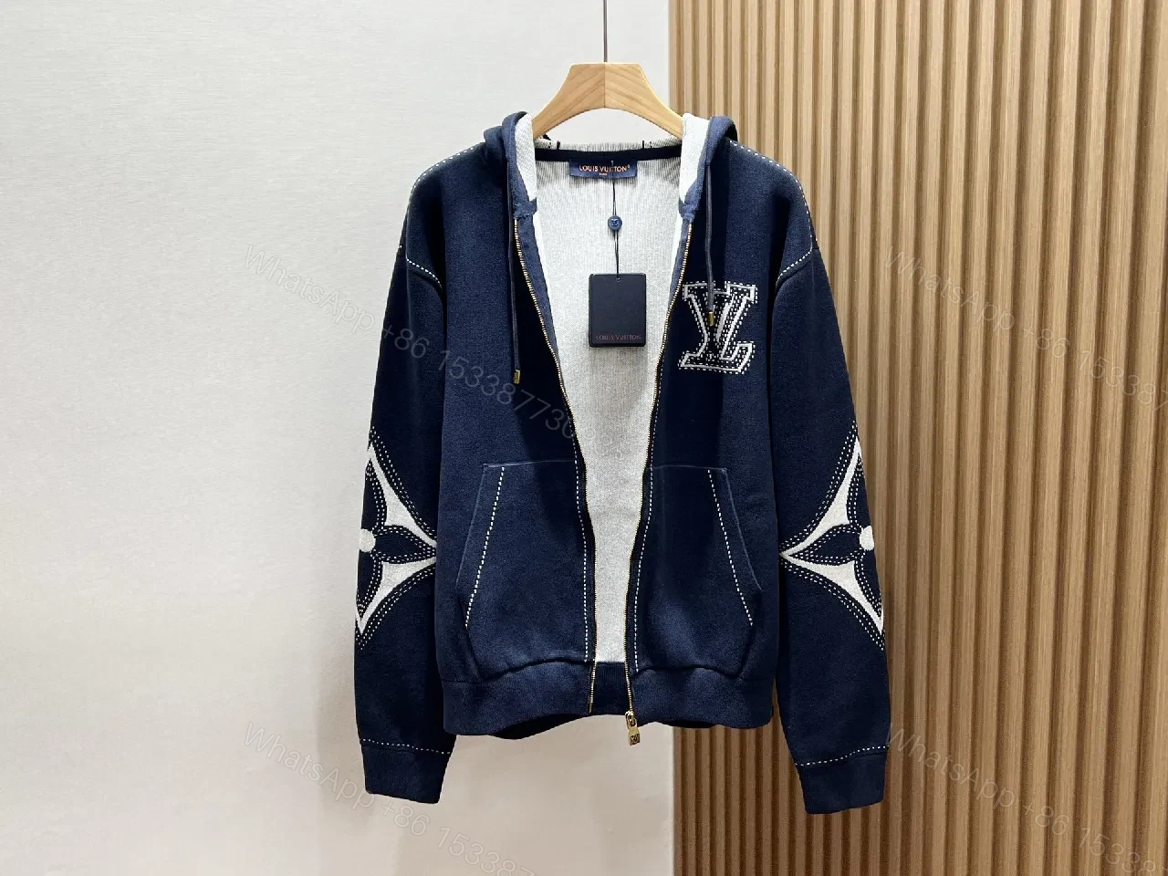 View 2 of Navy Denim Hoodie Jacket with LV Embroidery – Modern Luxe Outerwear