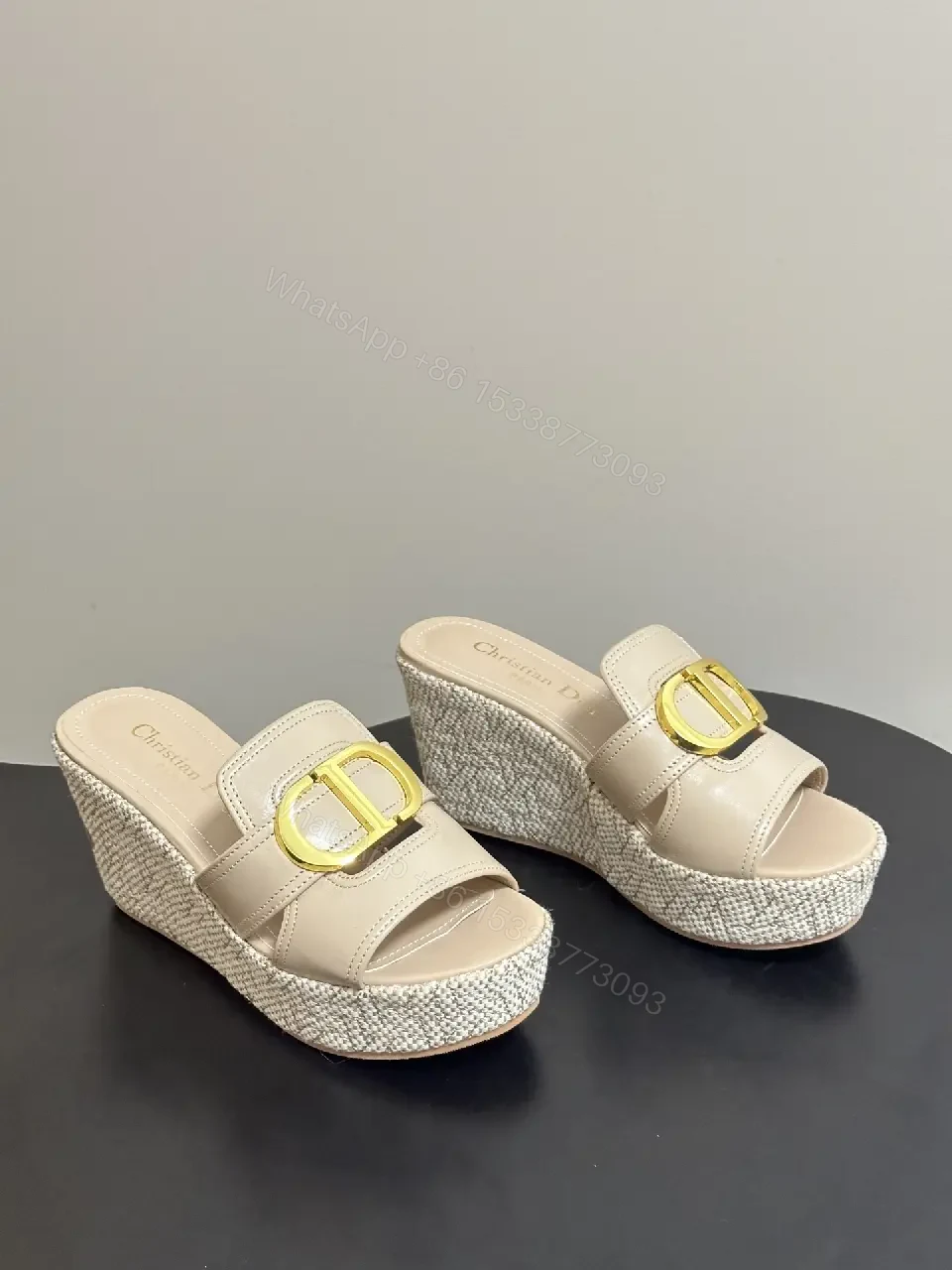 View 10 of Beige Leather Woven Wedge Sandals Dior-Style Gold Buckle Sandal