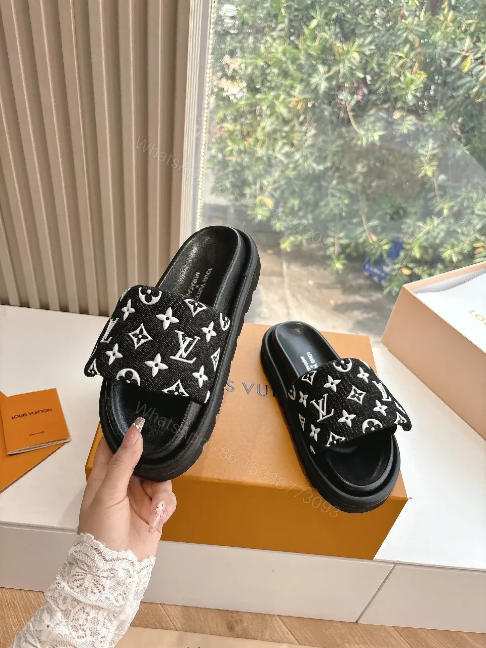 View 6 of Black Monogram Slide with LV Motif — Luxury Comfort Sandal