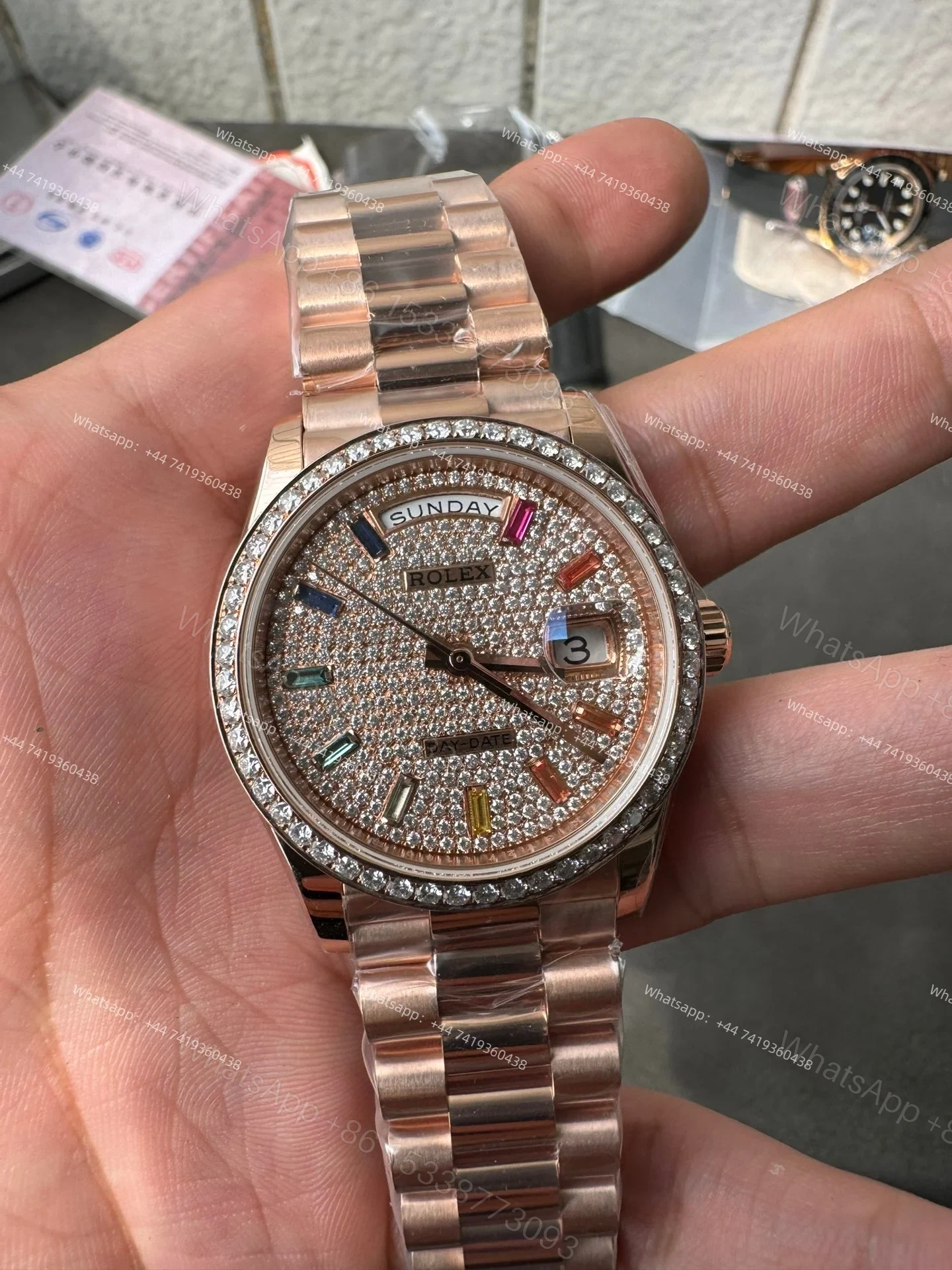 View 6 of Rolex Day-Date M128235-0039 1:1 Replica Moissanite Rainbow Diamond Dial 36MM 3255 Movement Presidential Bracelet Super Clone Watch