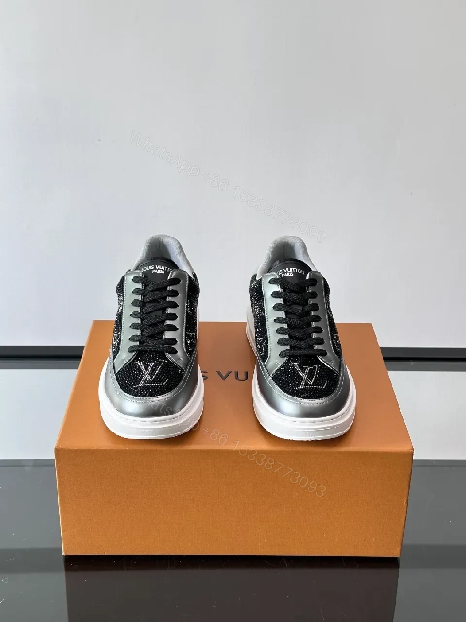 View 8 of Black Sparkle LV-Style Sneakers - Modern Glide, Subtle Luxe