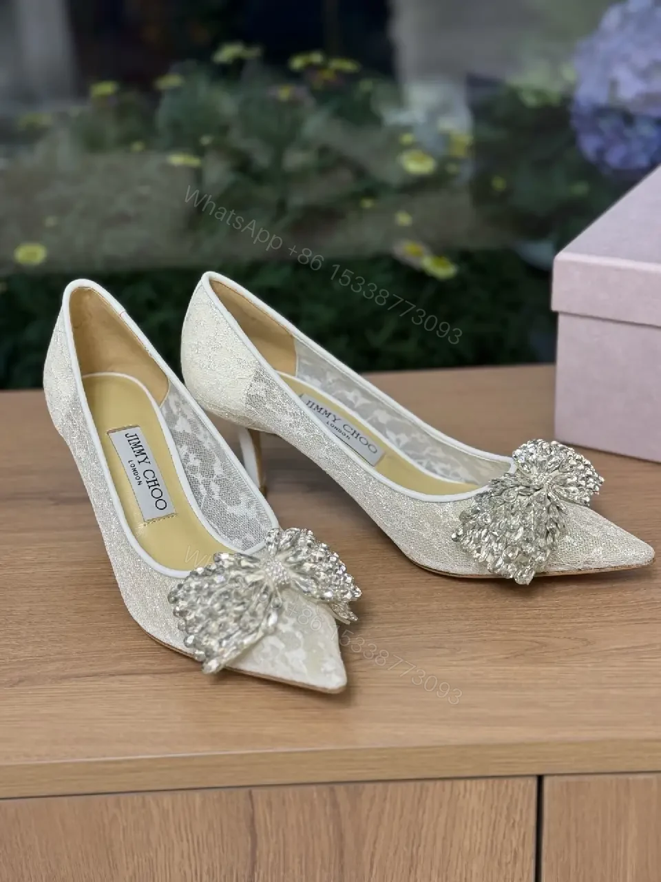 Champagne Lace Pumps: Crystal Toe Embellishment, Elegant Pointed-Toe — view 1