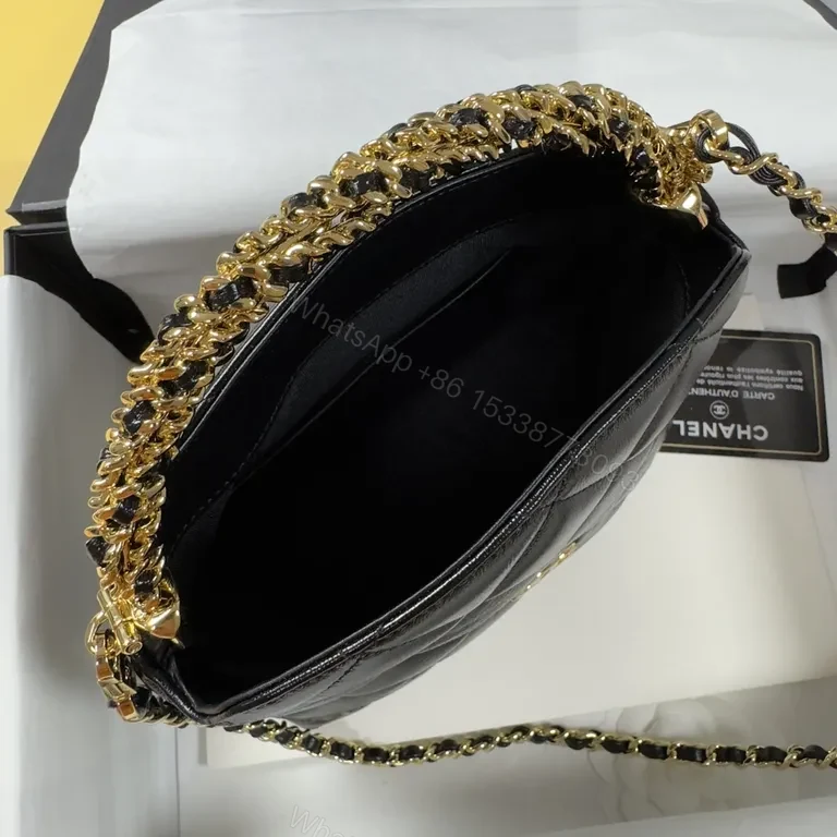 View 7 of Quilted Black Leather Crossbody Bag with Gold Chain