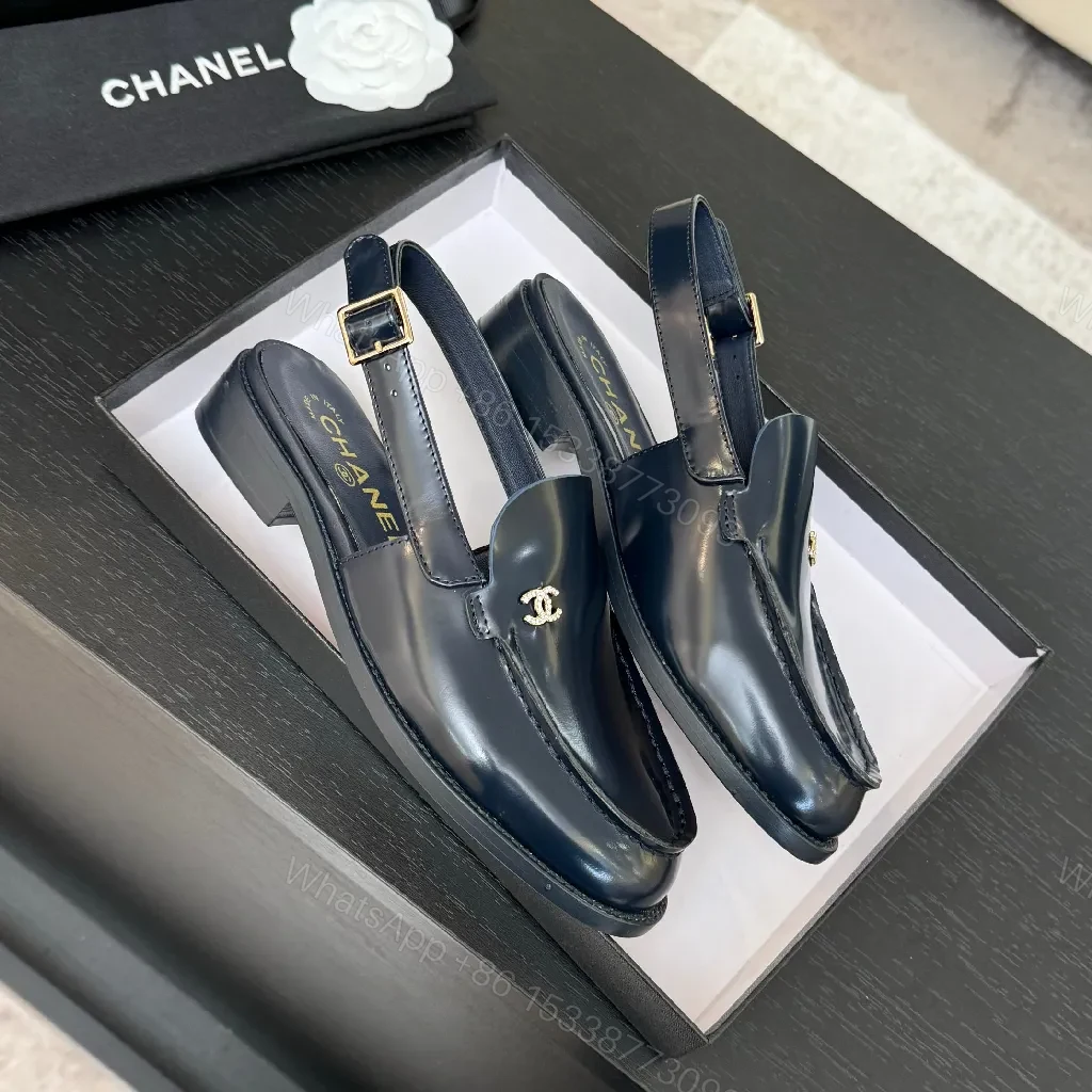 View 9 of Navy Patent Slingback Loafers: Luxe Monogram Detail