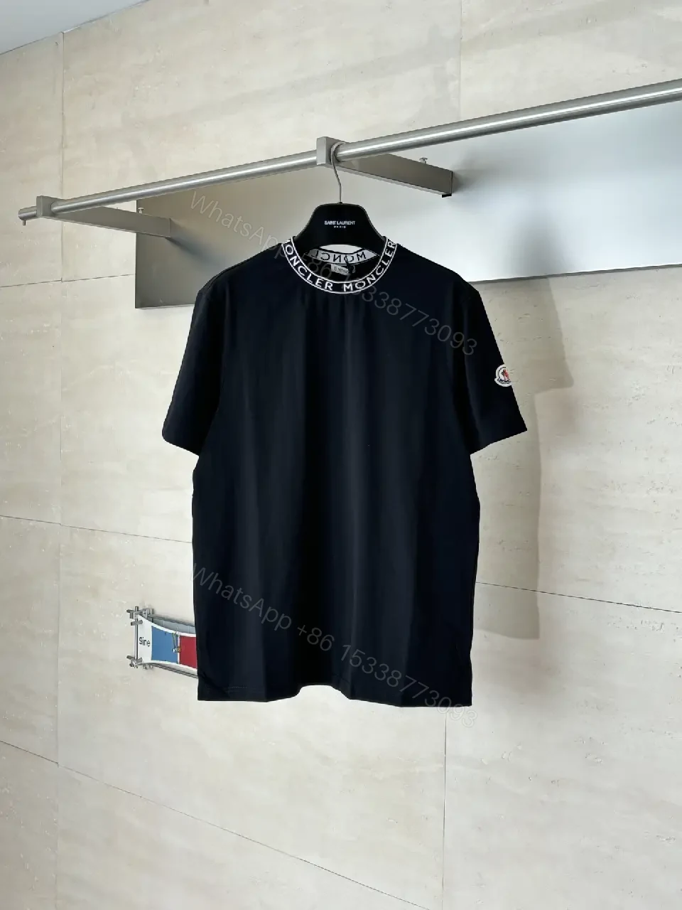 View 6 of Black Cotton Tee with Moncler Logo Collar