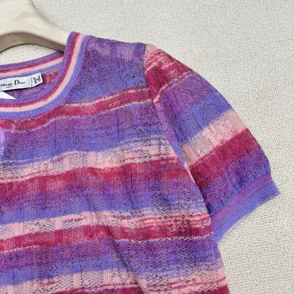 View 9 of Purple Knit Striped Short Sleeve Fashion Tee with Tie-Dye Style Product Type: Dior-inspired Knitwear