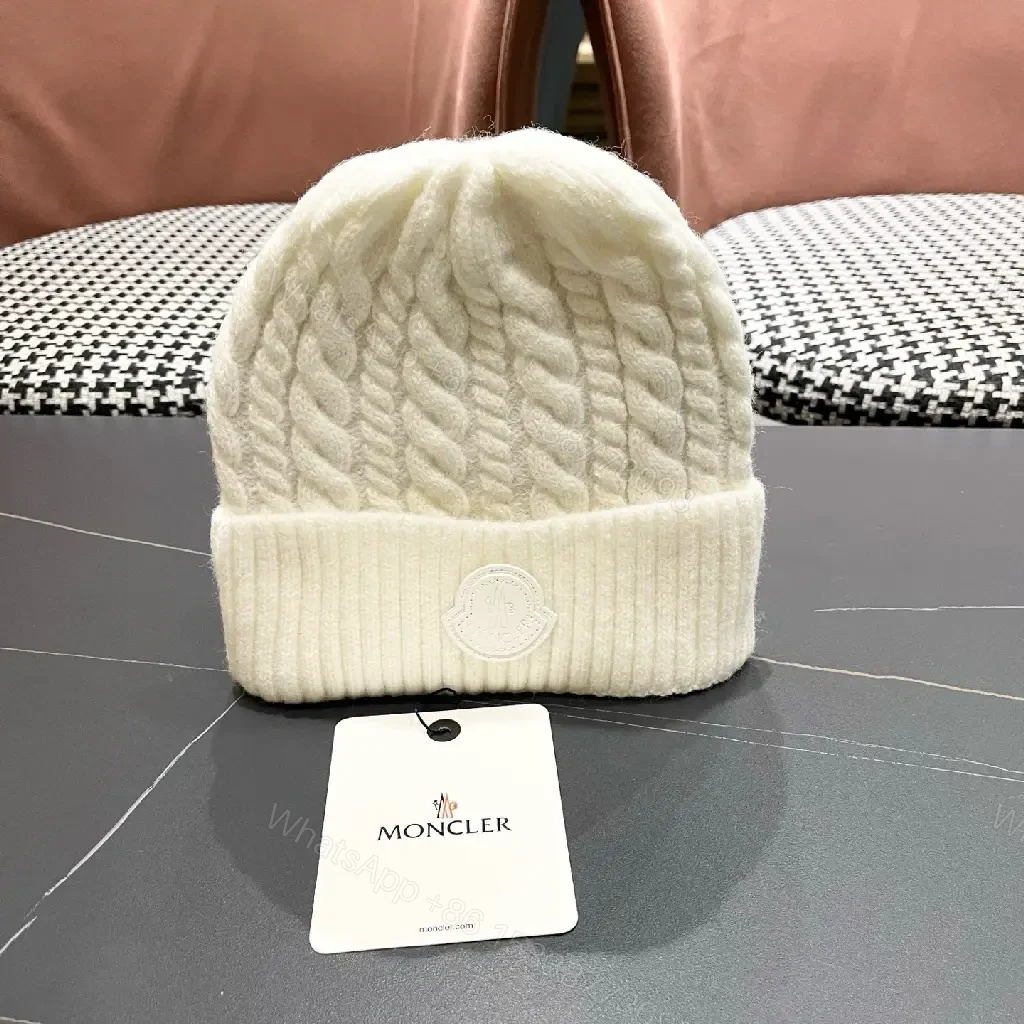 View 6 of White Knit Beanie: Premium Ribbed Cuff, Luxury Badge, Warmth