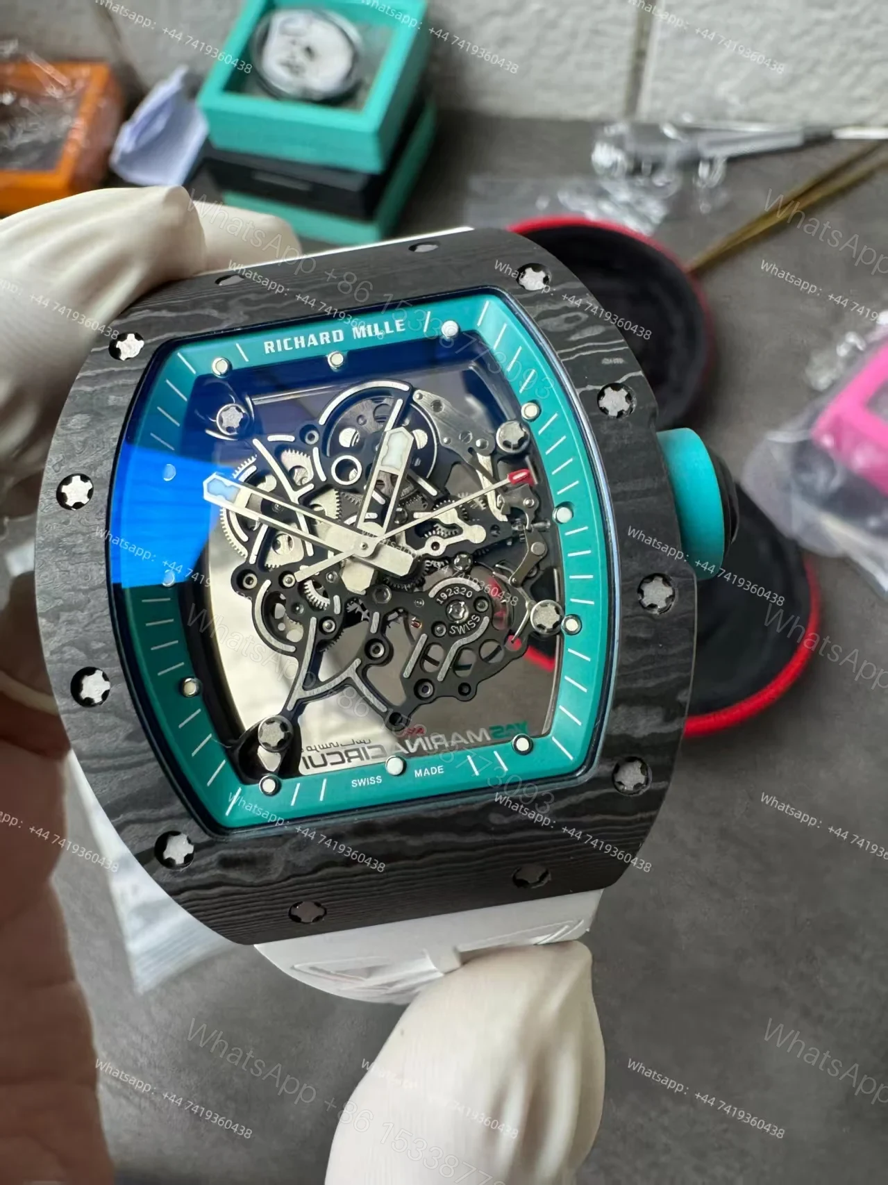 View 12 of Richard Mille RM 055 “Yas Marina Circuit” Carbon TPT Vaucher Free-Sprung White Rubber Strap Custom Super Clone