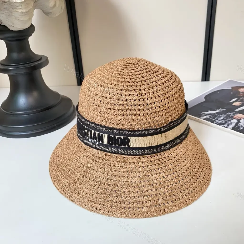 View 9 of Natural Tan Straw Hat • Crochet Lattice Texture • Boater Style • Wide Brim Sun Hat with Dior Band • Product Type: Hat