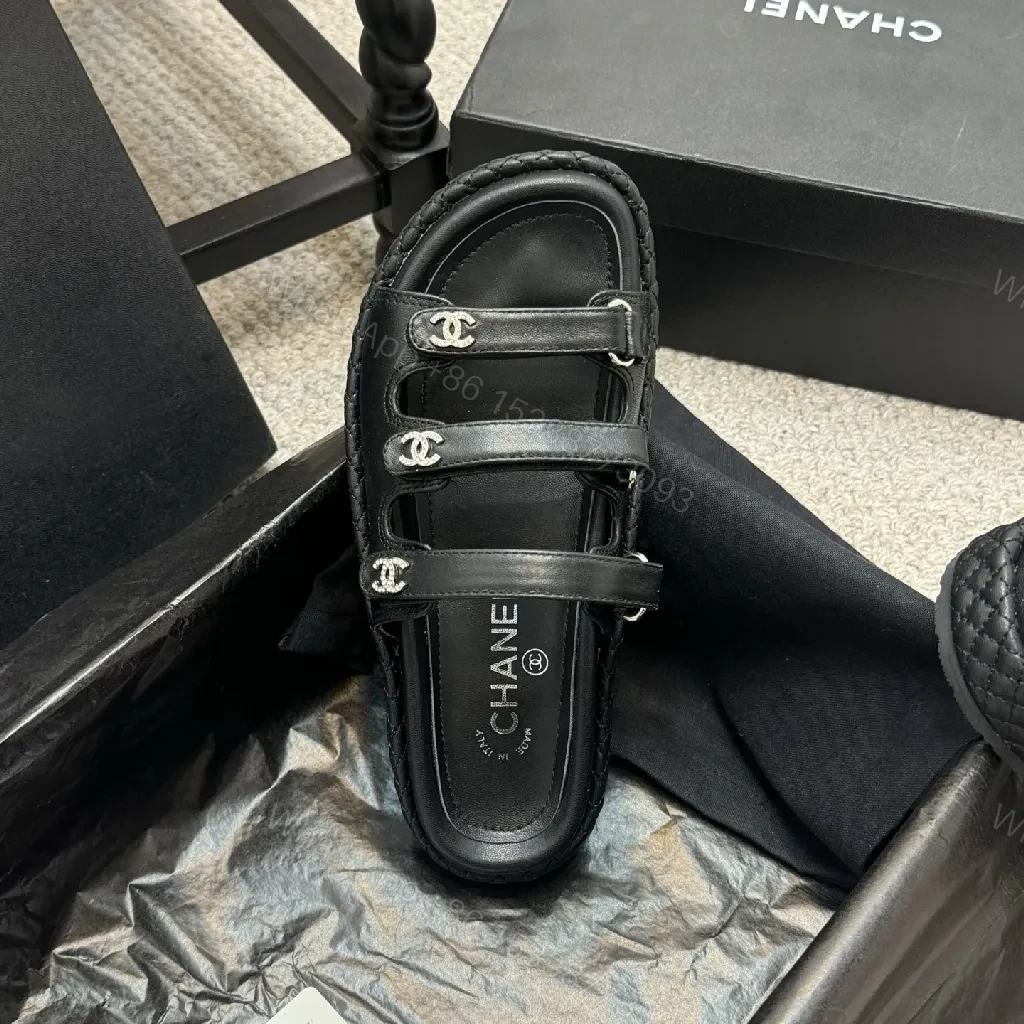 View 2 of Minimalist Black Leather Sandals with Subtle Logo Hardware