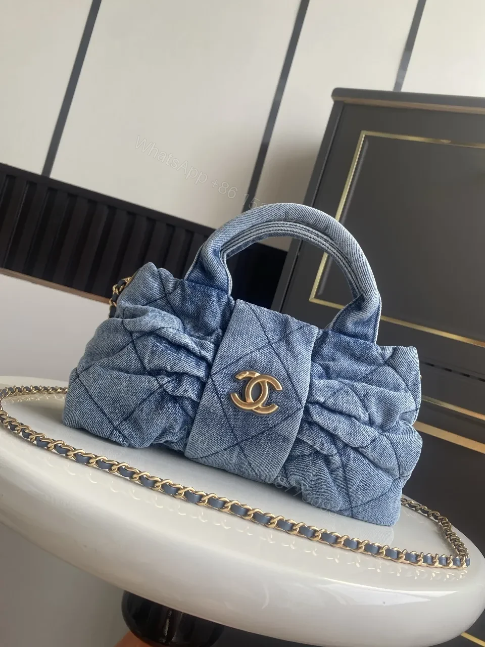 View 3 of Denim Quilted Mini Bag with Gold Hardware - Structured Chic