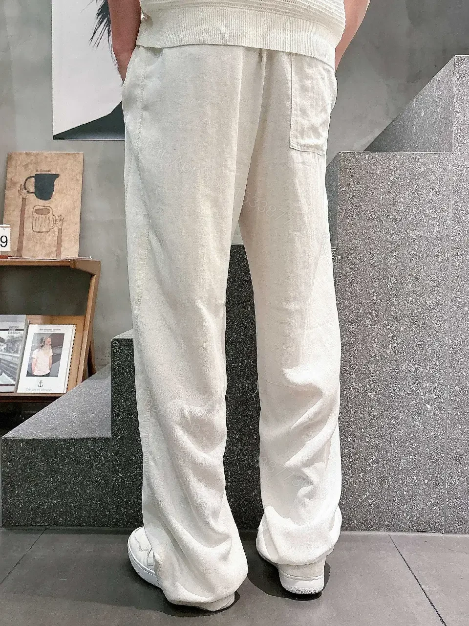 View 4 of Off-White Cream Linen-Look Wide-Leg Drawstring Pants