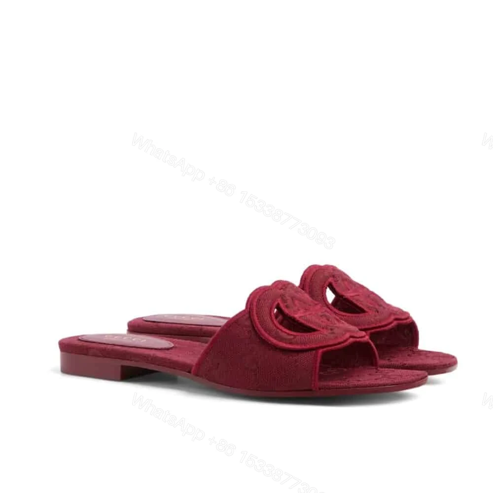 View 8 of GUCCI WOMEN SLIDE SANDAL WITH INTERLOCKING G ROSSO ANCORA RED GG CANVAS ‎790447 9SF00 8549