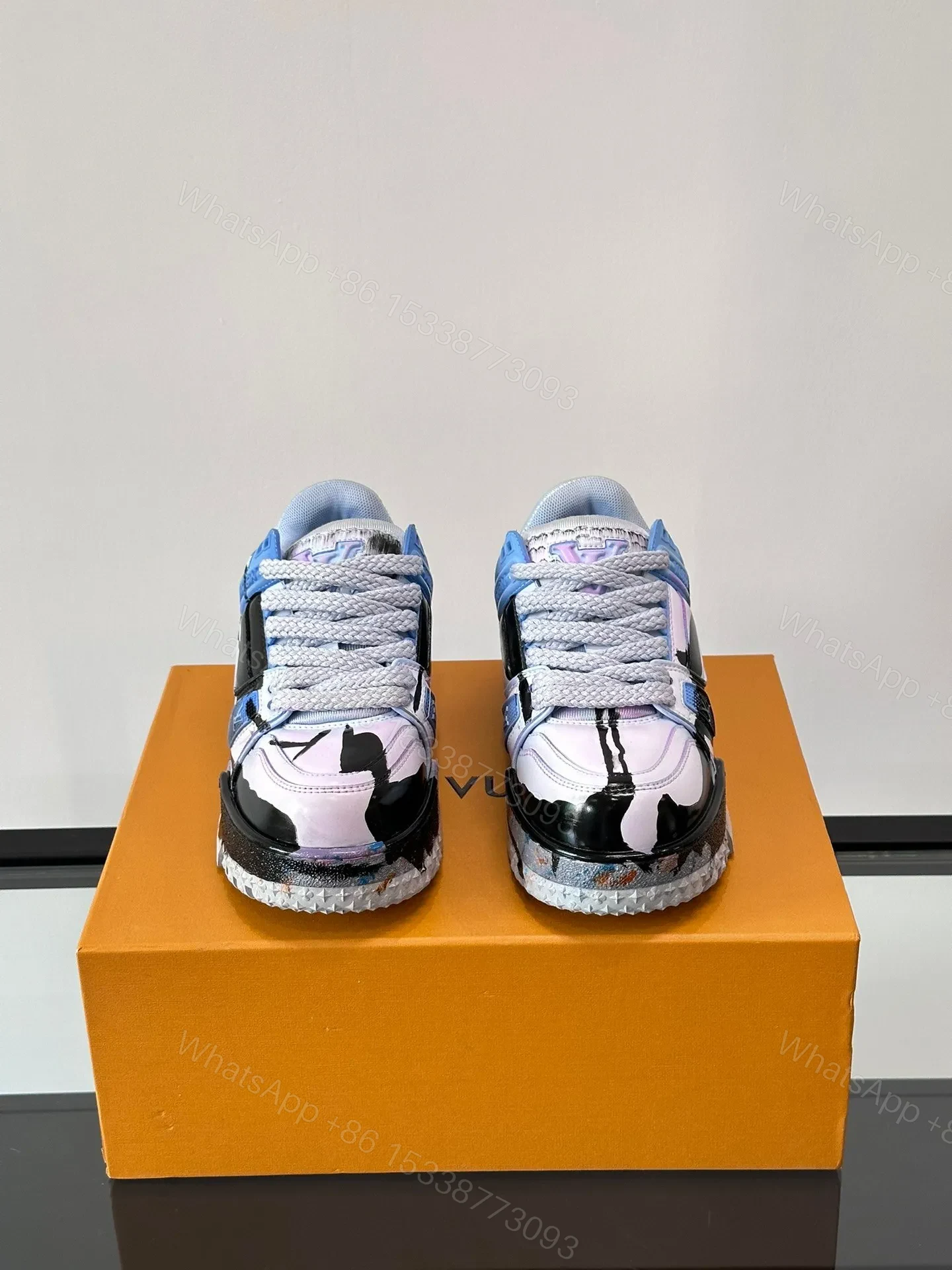View 2 of LV Men Black White Blue Leather Sneakers
