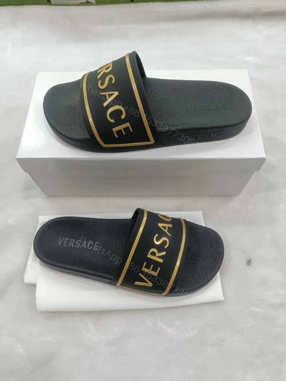 Patterned Strap Slides with Gold Accent, Luxe Comfort Sandals — view 1