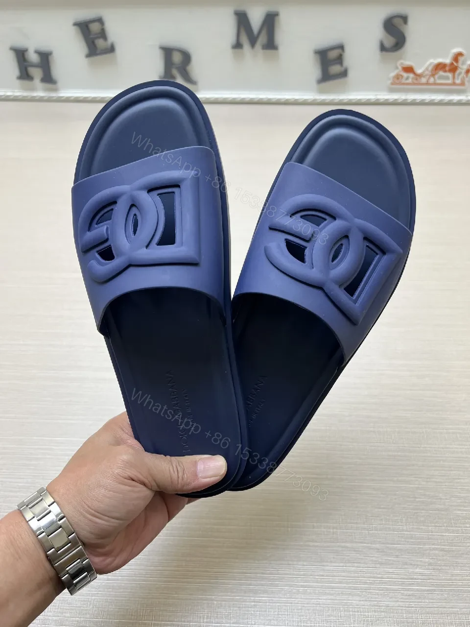 View 9 of Navy Slide Sandal: Premium Leather-Trim, Cushioned Comfort