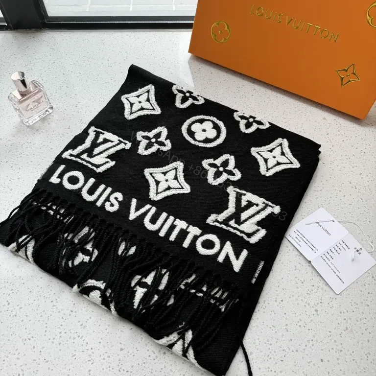 View 5 of Lux Black Knit Scarf: LV-Inspired Monogram, White Stitch, Fringed