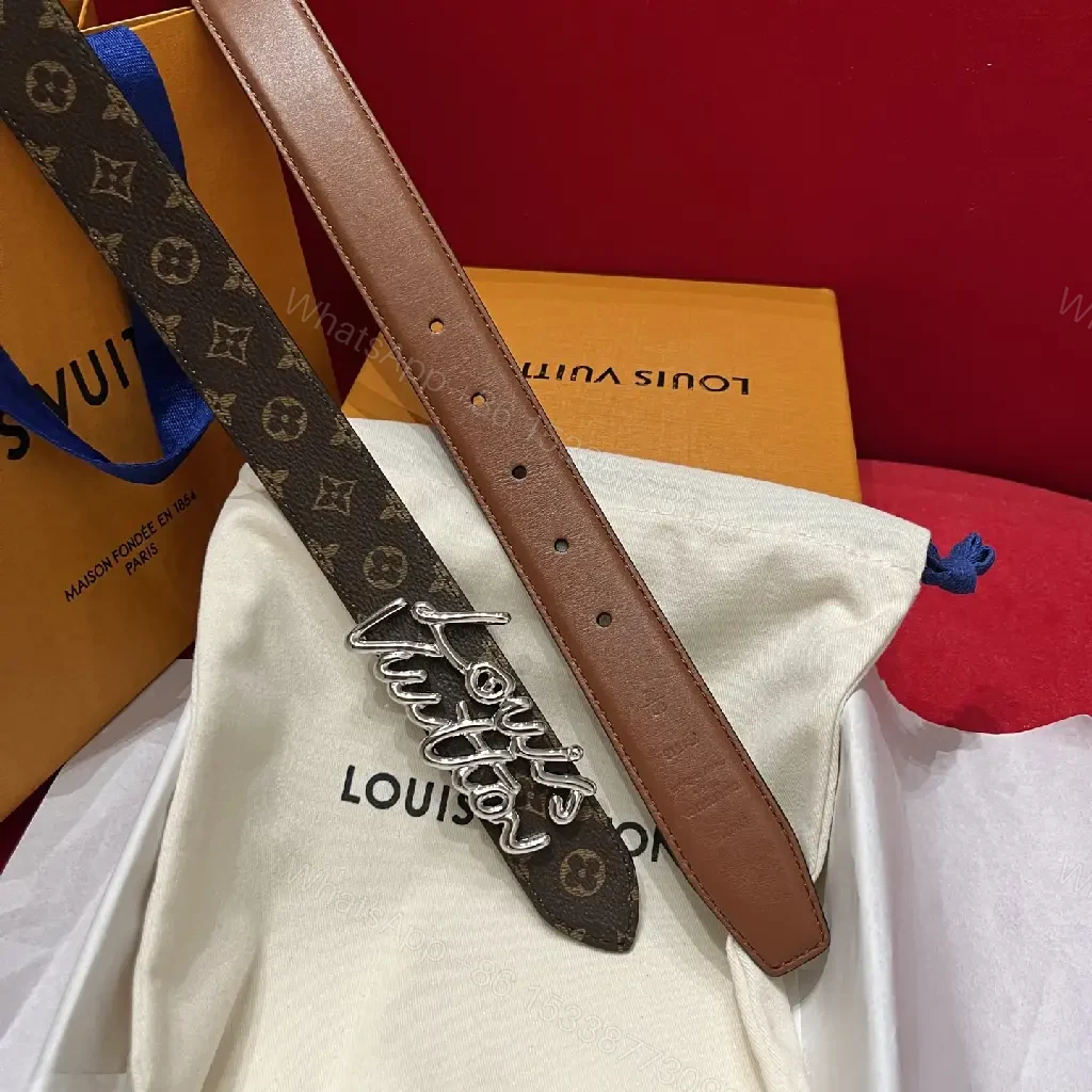 View 2 of Brown Leather Belt with Script Buckle – Modern Luxury Belt