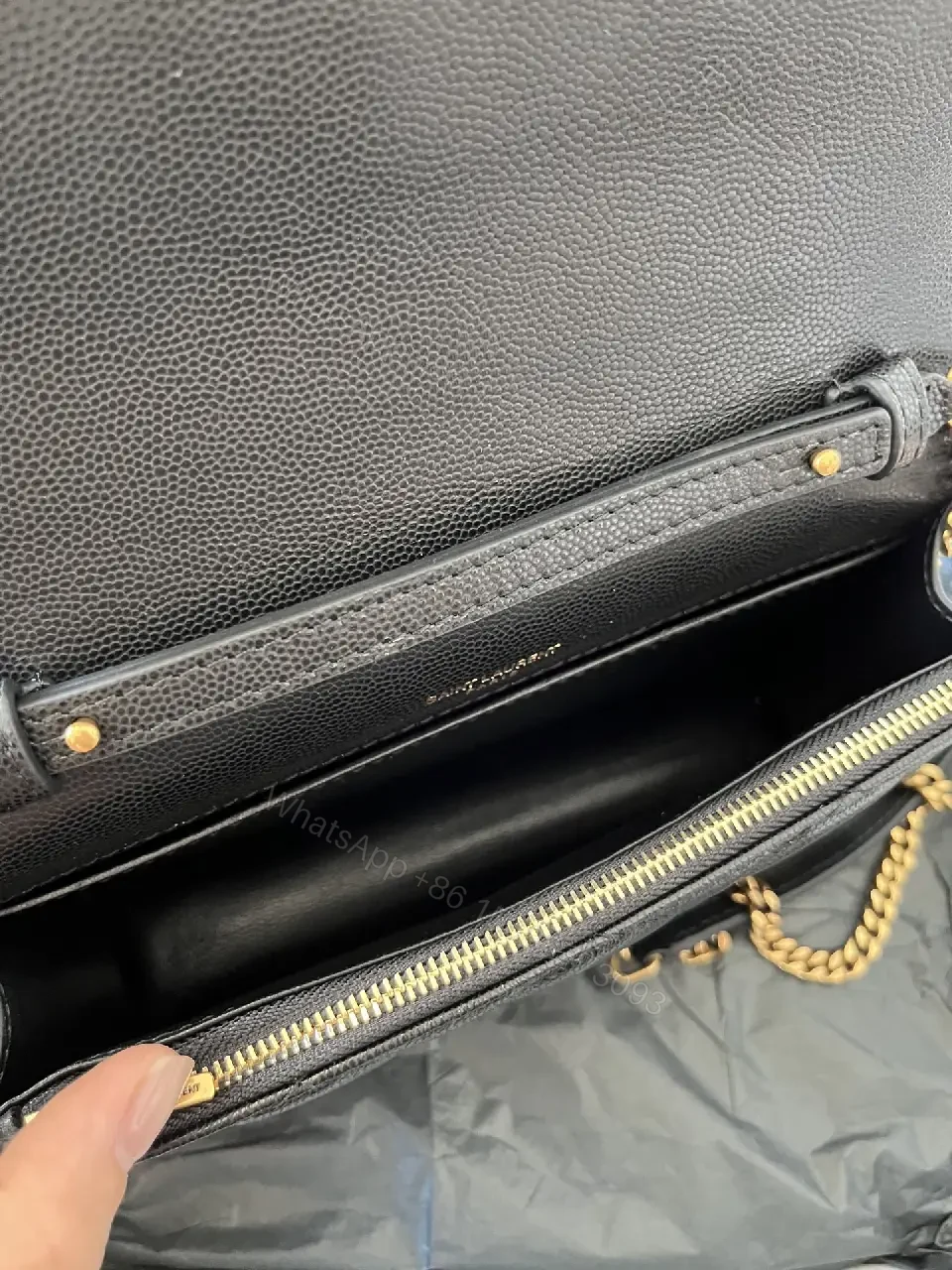 View 6 of Black Diamond Quilted Leather Flap Crossbody Bag with YSL Monogram Clasp