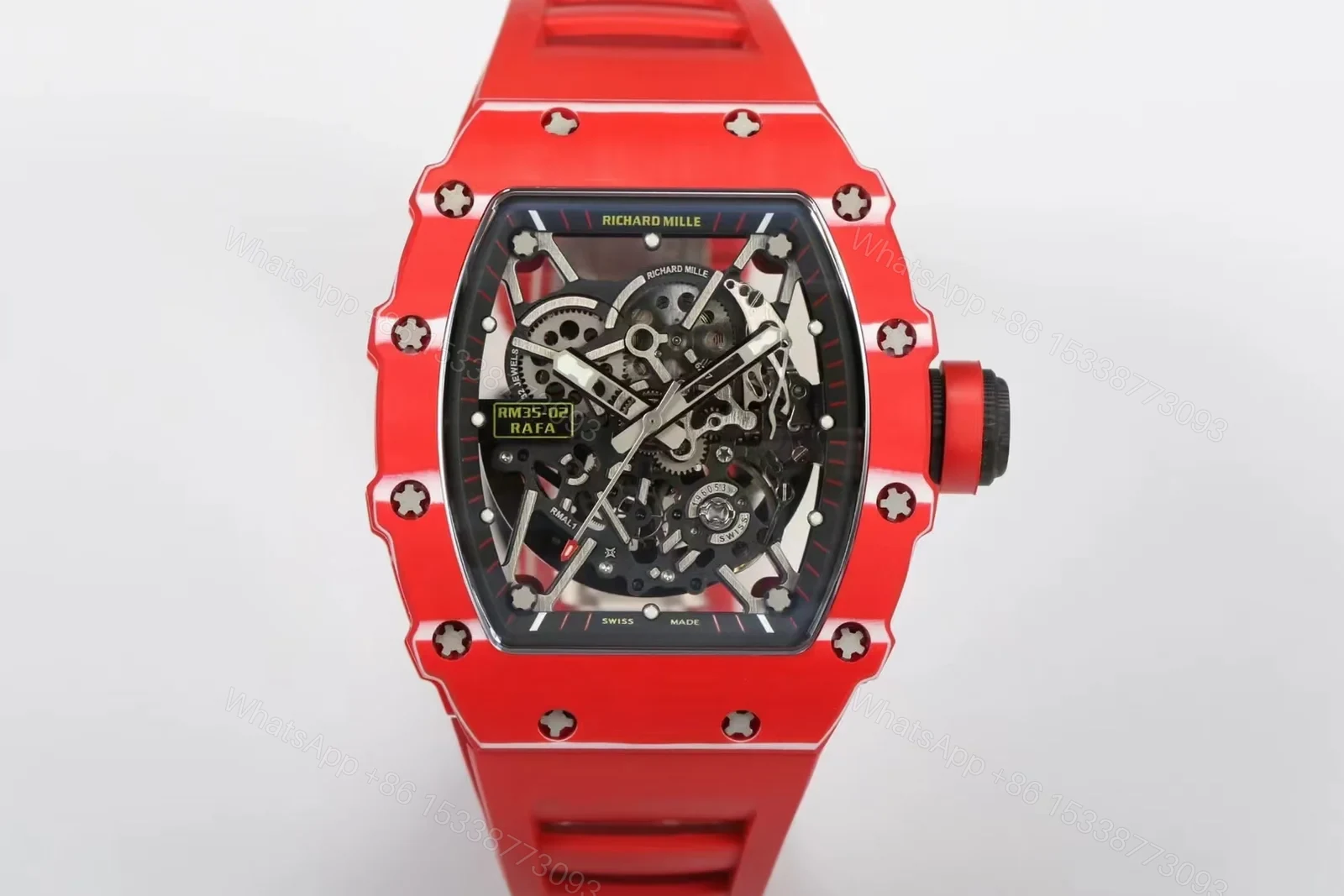 Richard Mille RM35-02 Automatic Skeleton Watch Red Carbon Fiber Case Red Strap RMAL1 Movement White Gemstone Shock Absorber Premium Edition RM-RM35-02-RED-RED-SKL — view 1