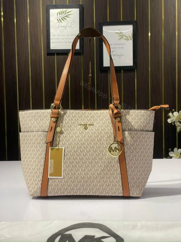 View 4 of First Copy Michael Kors MK Sullivan Zipper Tote Bag Coffee & Beige