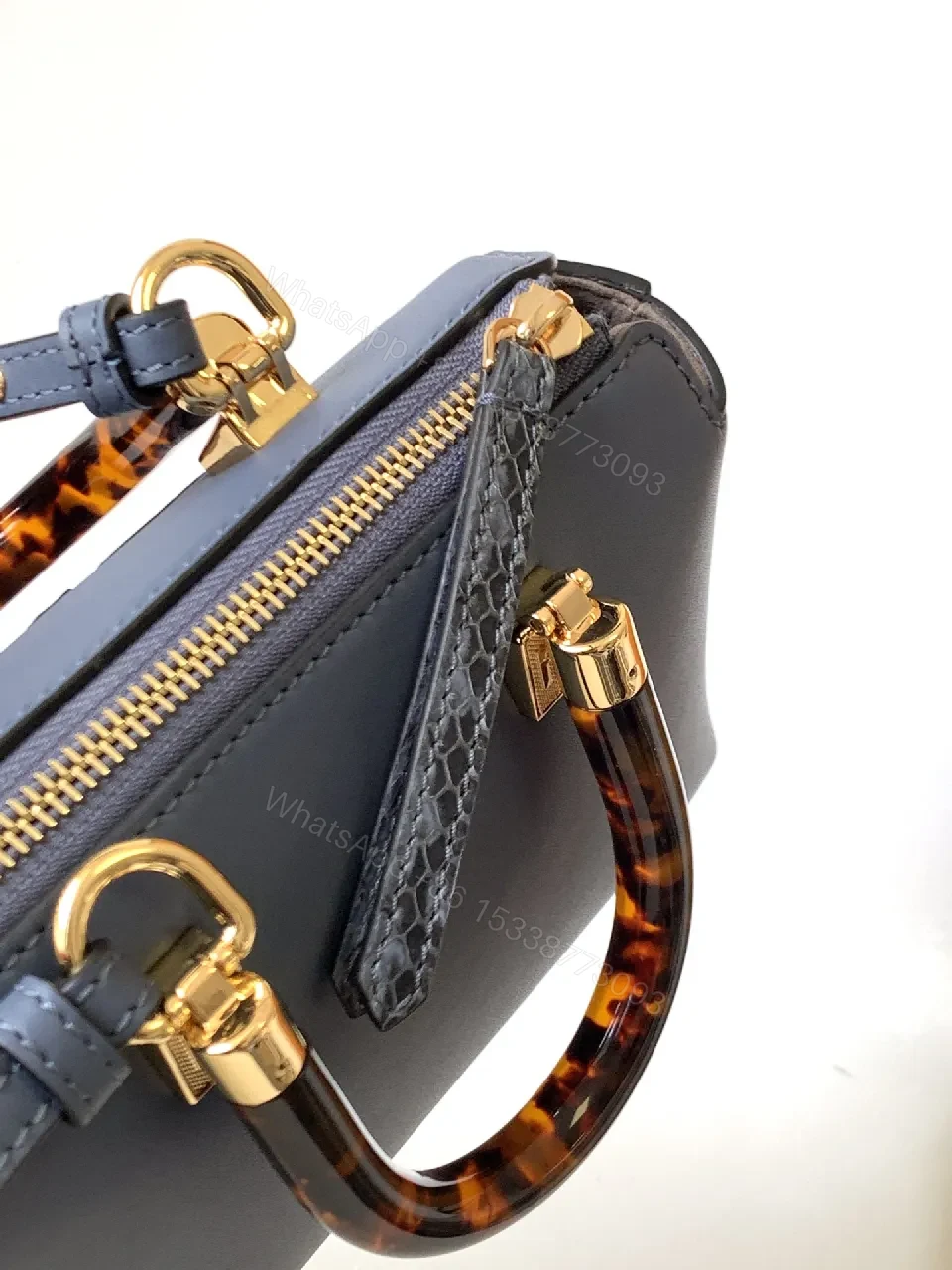 View 6 of Slate-Blue Tortoise-Accent Mini Bag — Luxe, Logo-Detail Crossbody