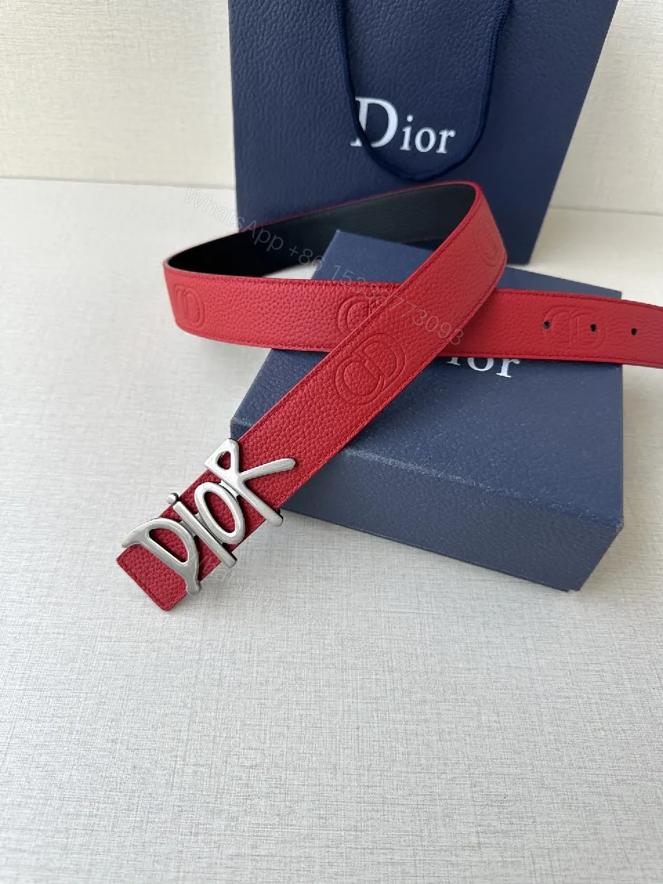 View 7 of Red Leather Belt with Silver Dior-Inspired Buckle