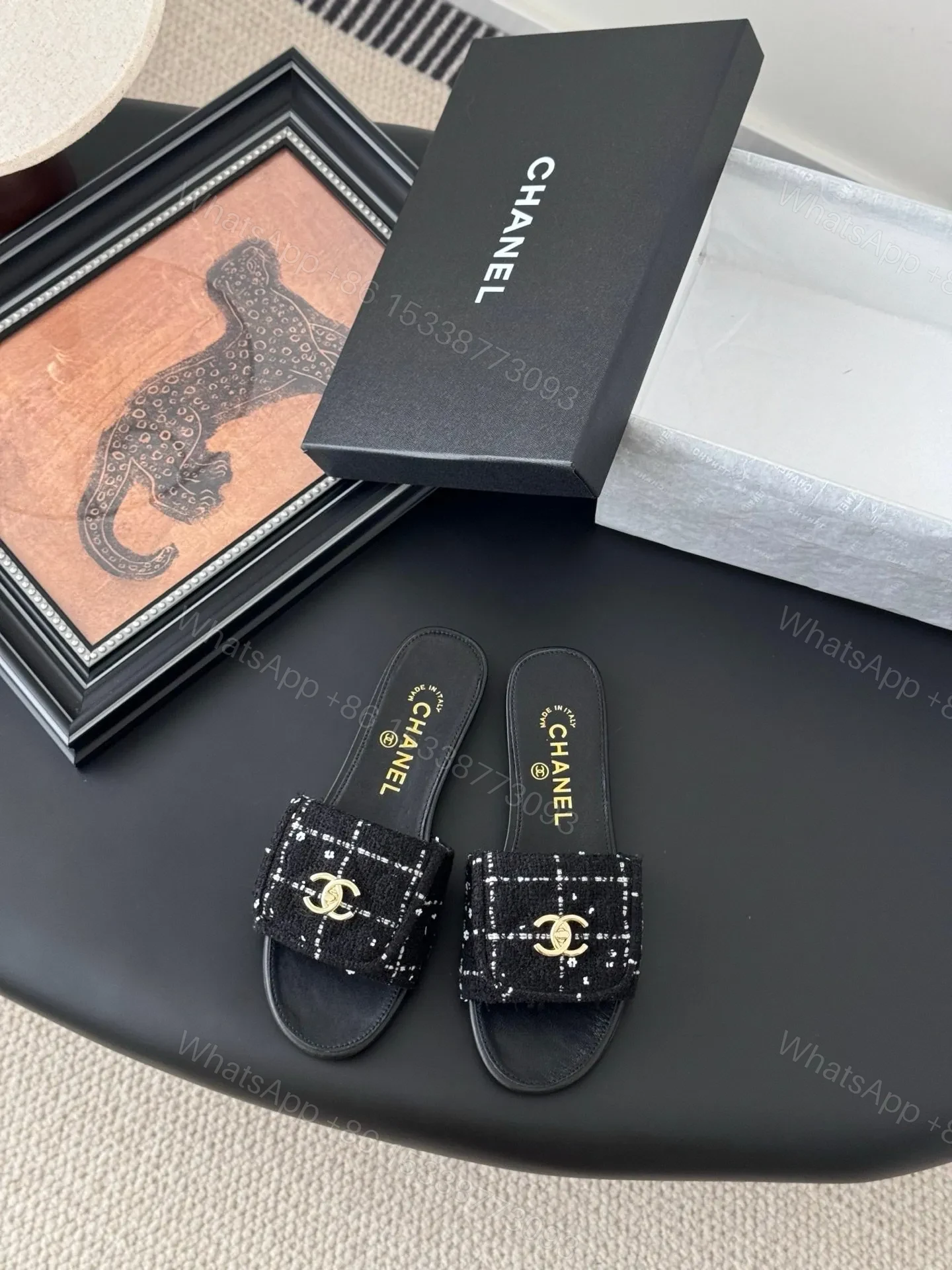 Chanel Women Black Tweed Leather Slides — view 1