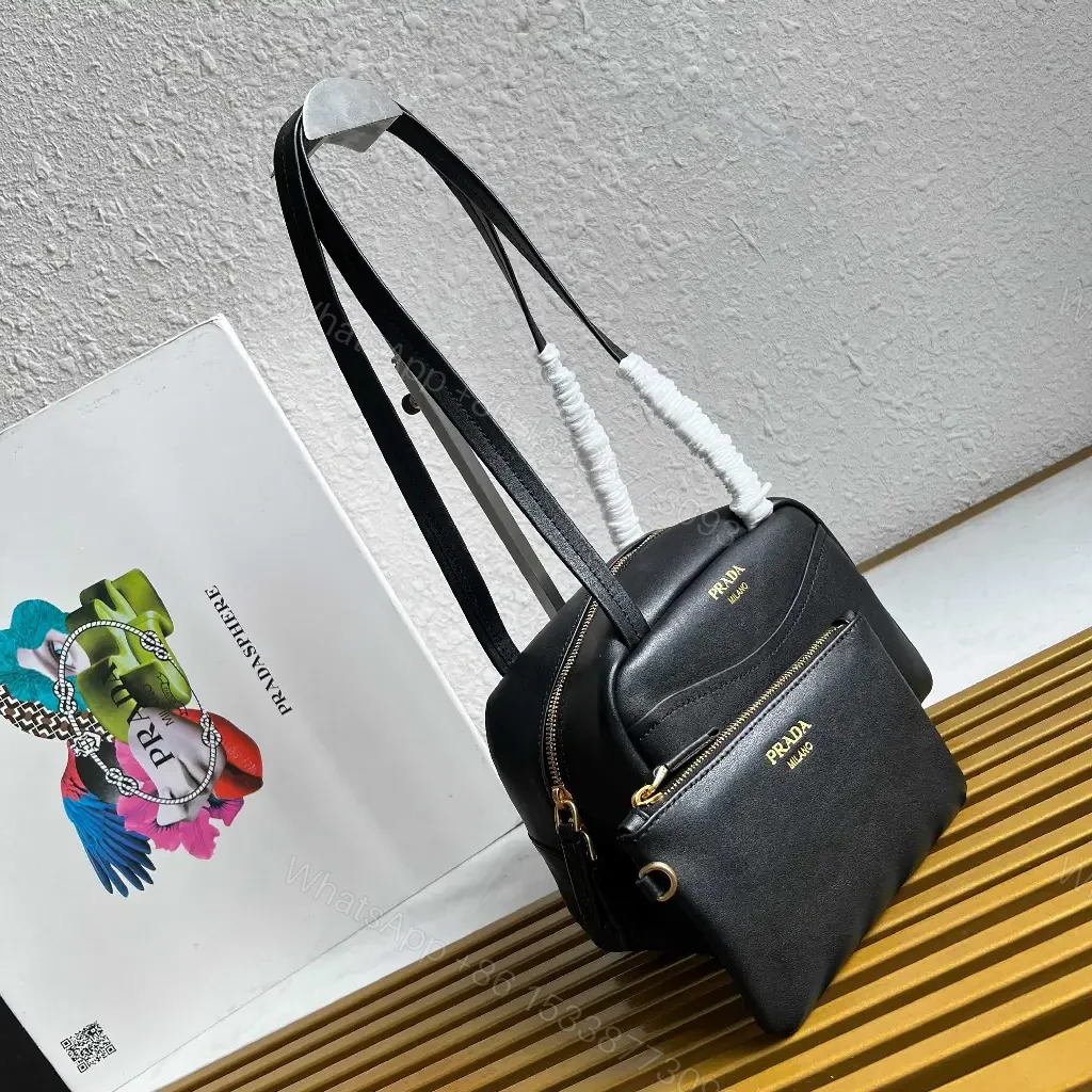 View 8 of Black Leather Structured Handbag with Gold Zipper Pouch - Prada Milano Style