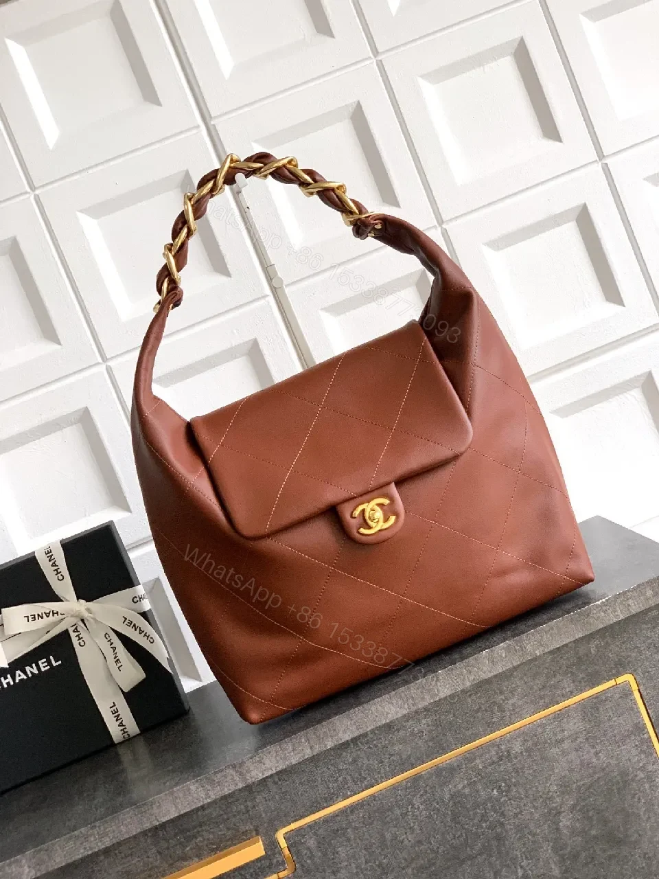 Brown Quilted Leather Chain-Shoulder Bag with Gold Logo — view 1