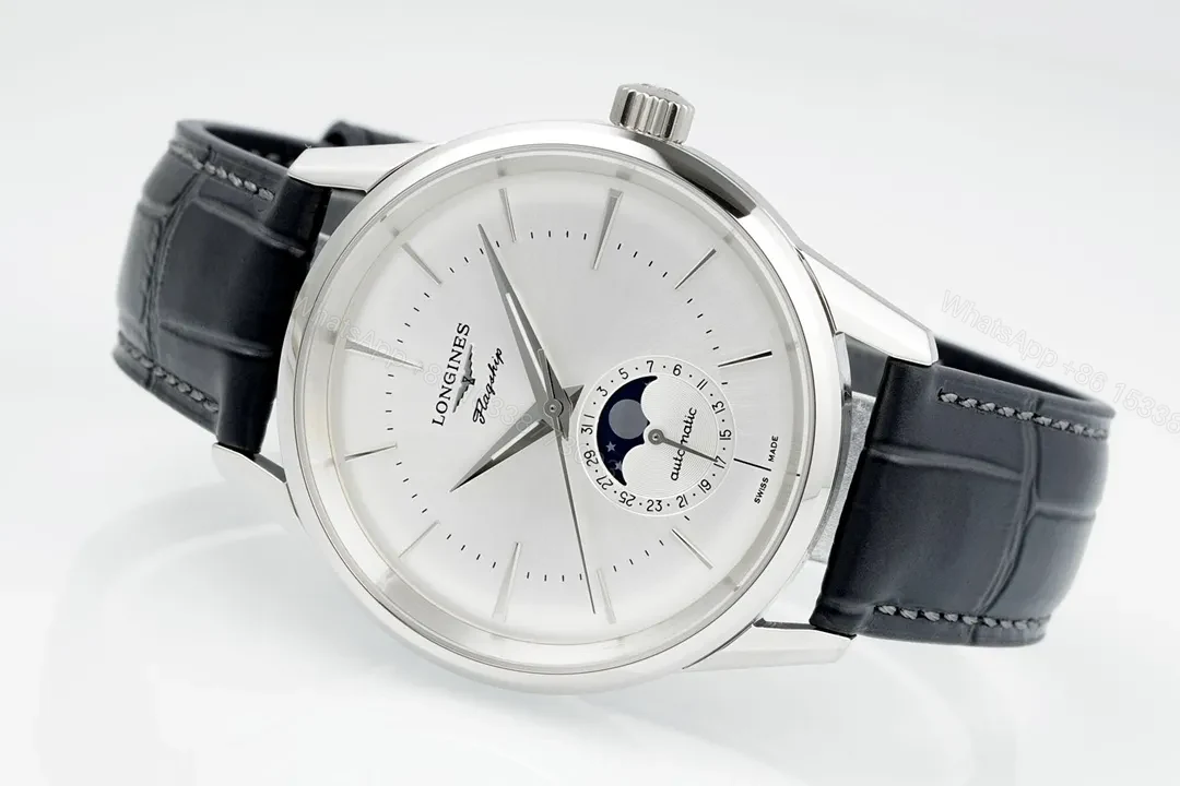 View 5 of Longines Classic Flagship Moonphase Watch Silver Dial Black Leather Strap