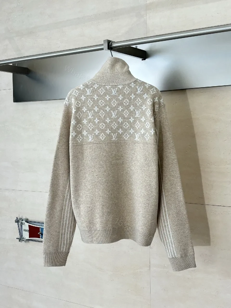 View 11 of Taupe Knit Pullover with LV Monogram, Half-Zip, Luxe Casual Style
