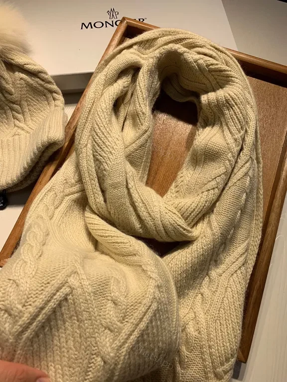 View 7 of Ivory Wool-Blend Moncler Beanie & Scarf Set, Cable Knit