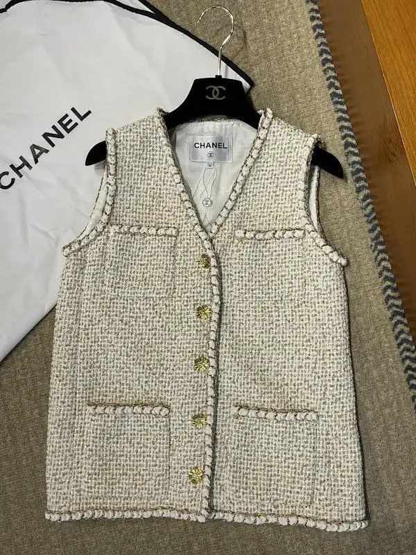 Cream Bouclé Vest, Gold Buttons, Textured Luxe Style, Buttoned Front Vest — view 1