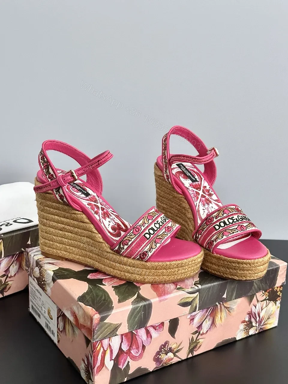 View 2 of Vibrant Pink Espadrille Wedges with Logo Textile Details