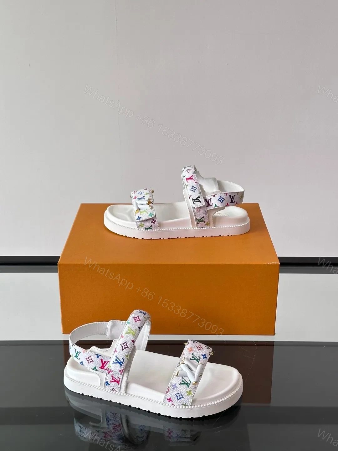View 4 of LV Men White Canvas Multicolor Logo Sandals
