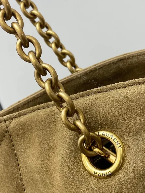 View 6 of Taupe Suede-Like Quilted Tote with Chain Detail - Luxe Precision
