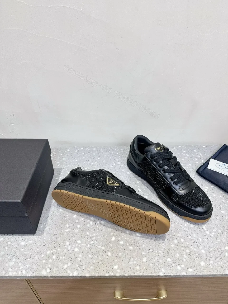 View 4 of Black Leather Grid-Textured Luxury Sneakers with All-Day Comfort