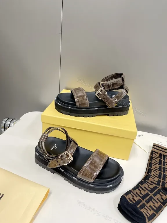 View 2 of Brown Leather Sandals + Fendi Logo Pattern + Slide + Adjustable Buckle + Sandals