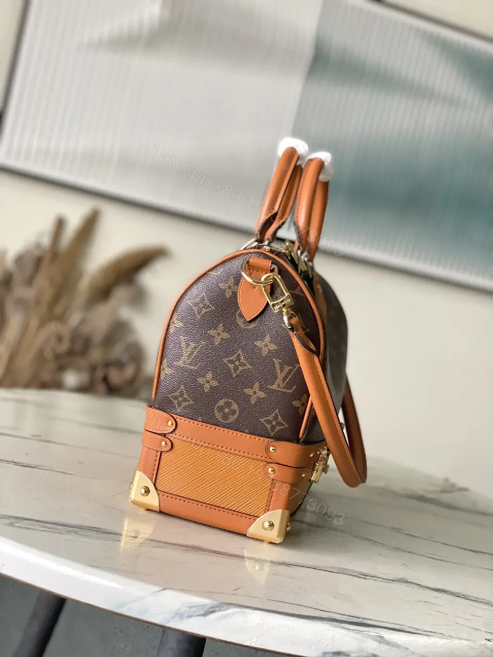 View 4 of Brown Monogram Canvas Satchel with Tan Leather Trim, Structured Style, Gold Hardware, Top Handles