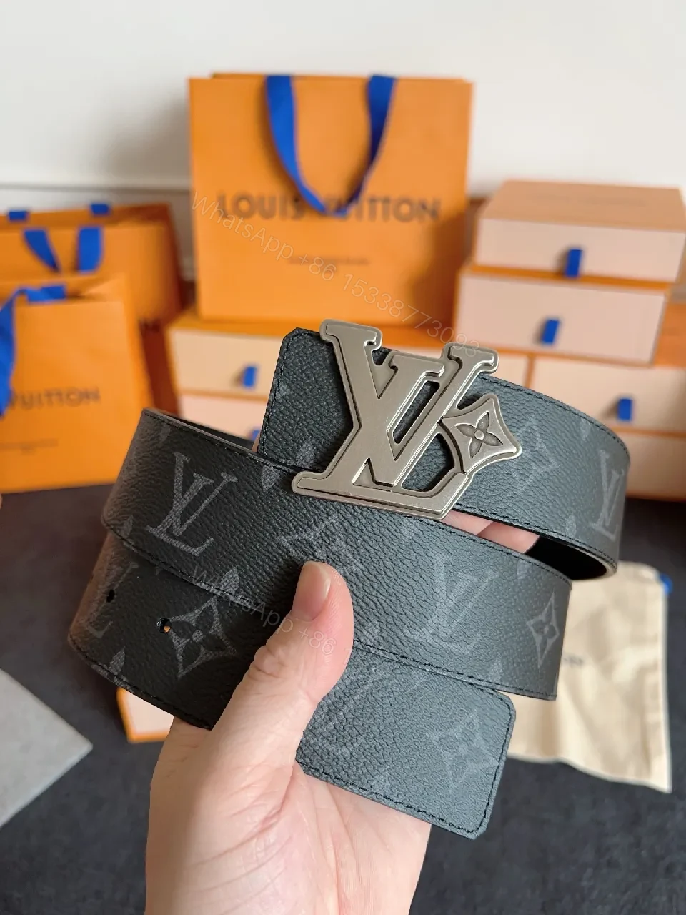 View 8 of Lux Slim LV-Pattern Belt: Monogram Leather, Silver Buckle, Modern Style
