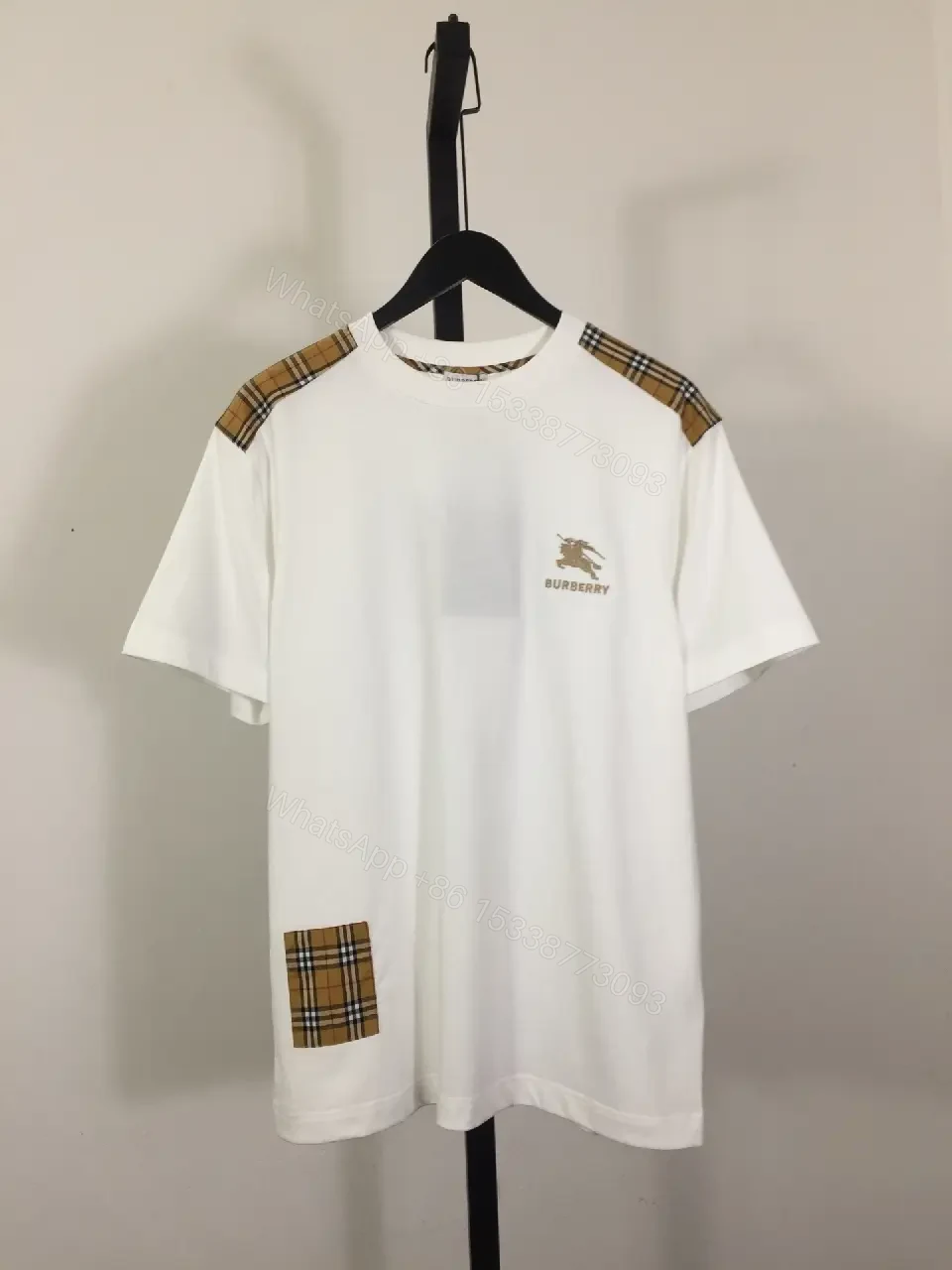 View 7 of Casual Luxe Tee: White Cotton with Plaid Shoulder Accents