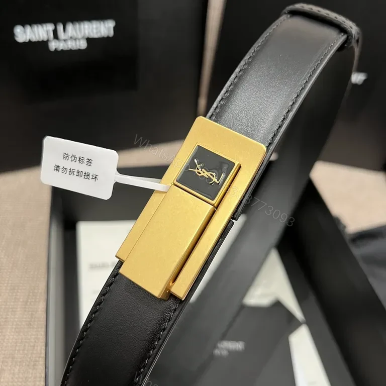 View 4 of Chic Black Leather Belt with Gold YSL-Inspired Clasp