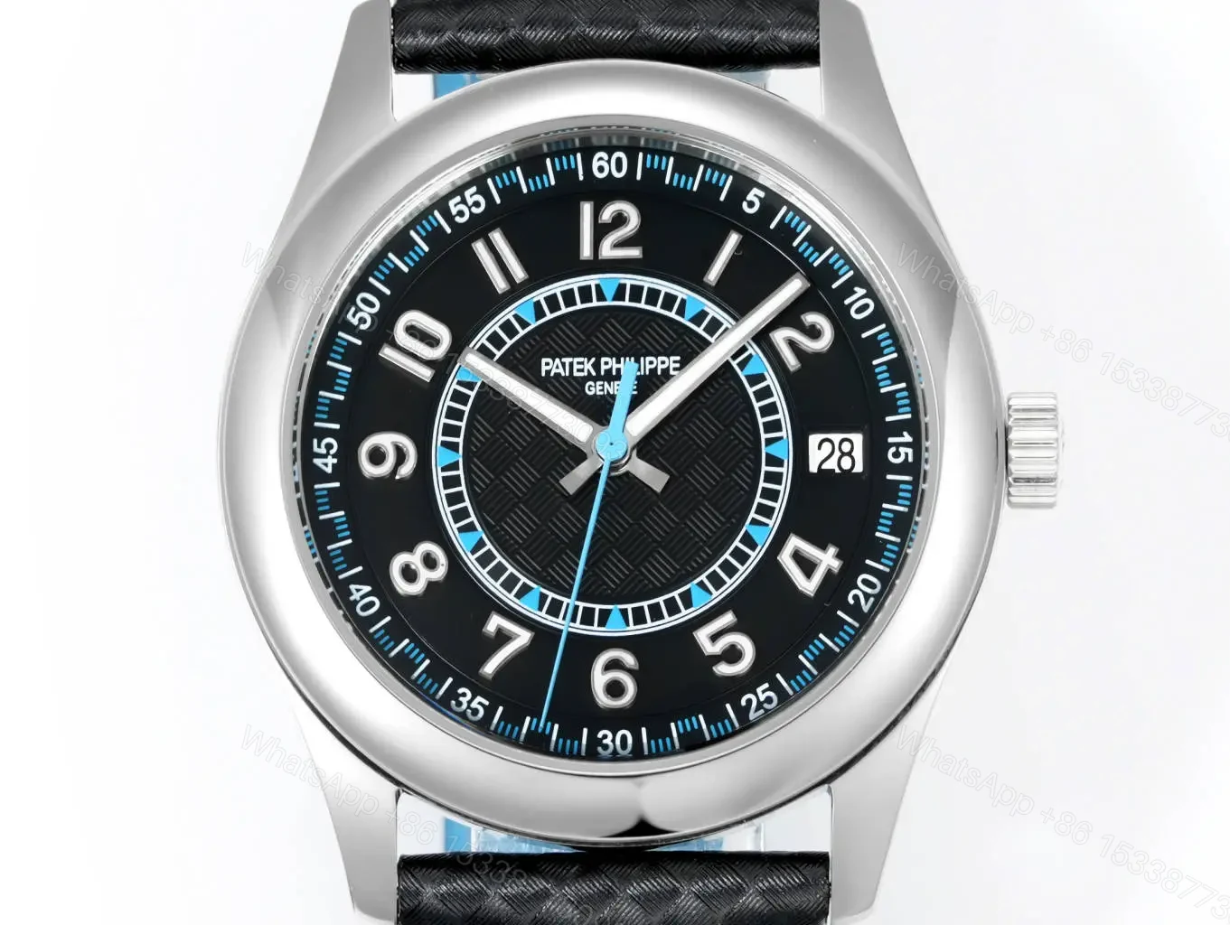 View 2 of Patek Philippe Calatrava 40mm Stainless Steel Watch with Black Dial and Blue Accents Ref. 6007G-010