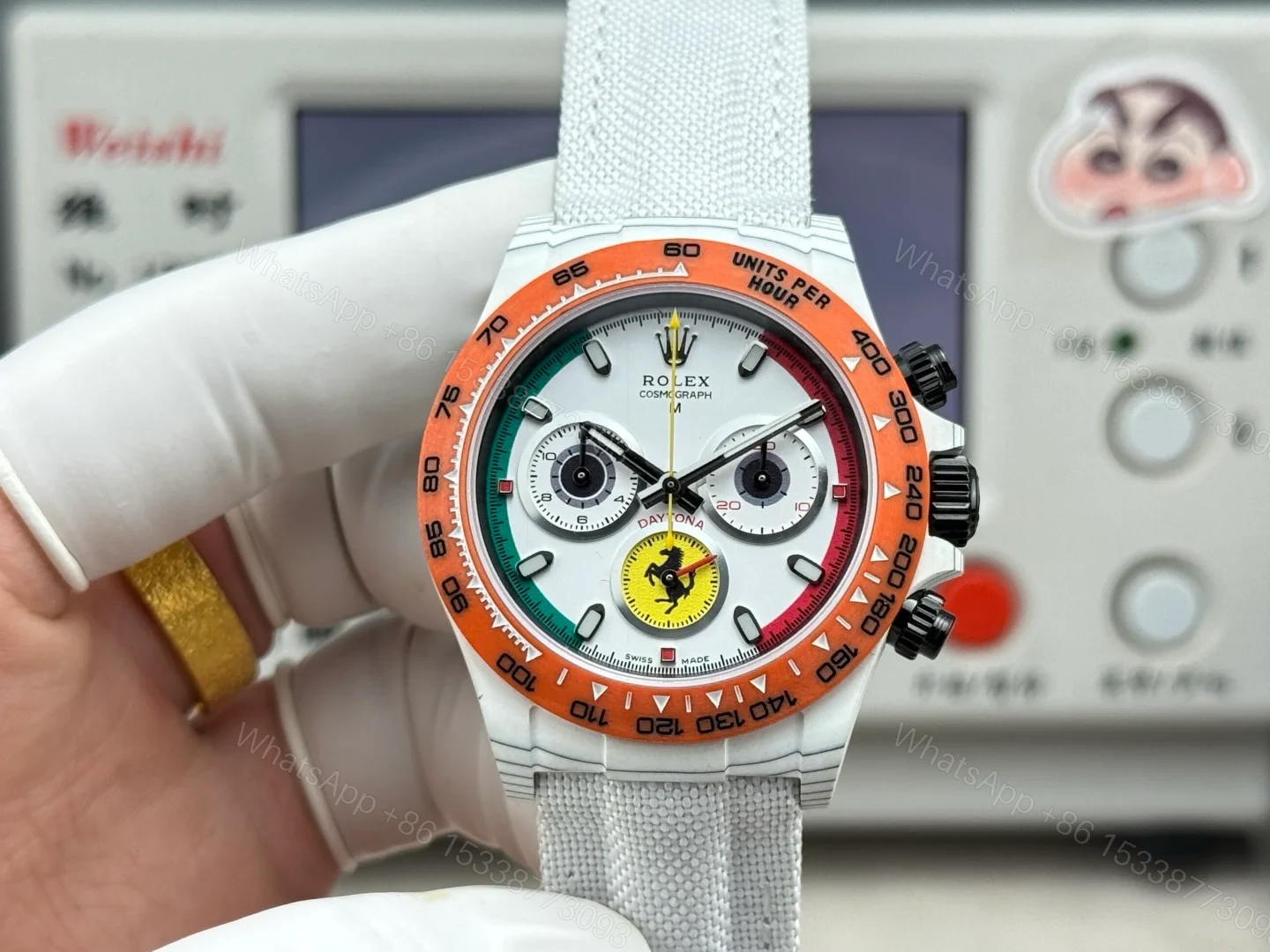 Rolex Daytona Carbon Fiber White Replica 40MM Exclusive Orange Bezel White Fabric Strap R74 RG-ROLEX-DAYTONA-WHITE-DIAL — view 1
