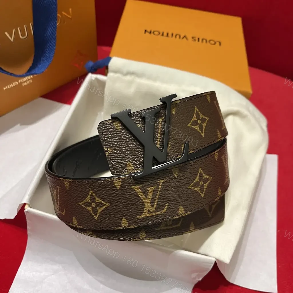 View 5 of Brown & Black LV Monogram Belt with Metal Logo Buckle