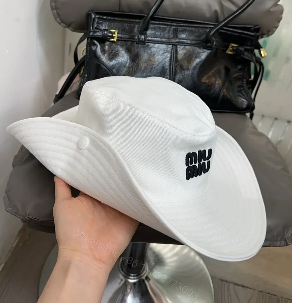 View 7 of White Cotton Wide-Brim Embroidered Logo Hat